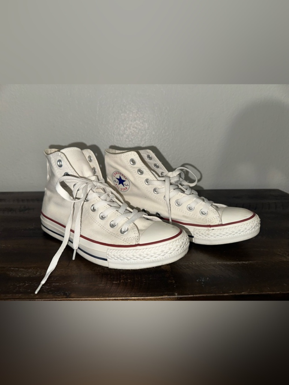 Converse White High Top Sneakers with Red & Blue Trim